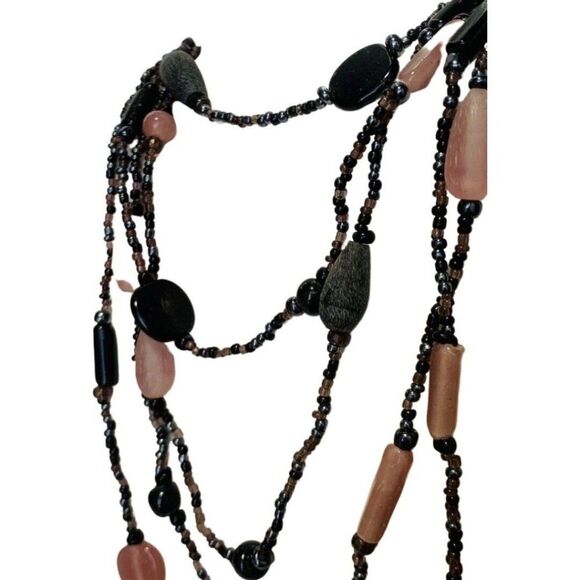 Vintage Pink Black multi 5 Tier Chic Beaded Silver Tone Layered Necklace 24” - Picture 7 of 10